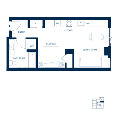 Floor plan for studio, 1 bath, 472 sqft